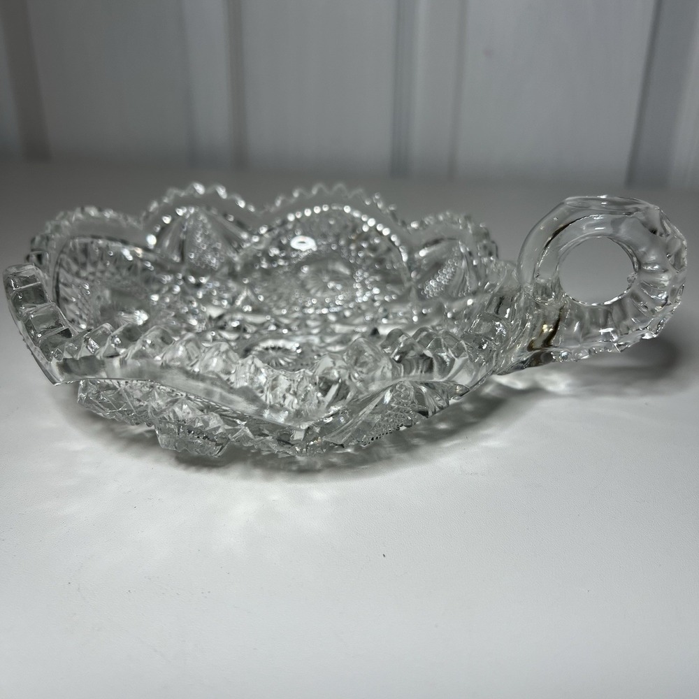 Vintage Starburst Fans Stars Pressed Cut Glass Candy Nut Bowl Handle Sawtooth